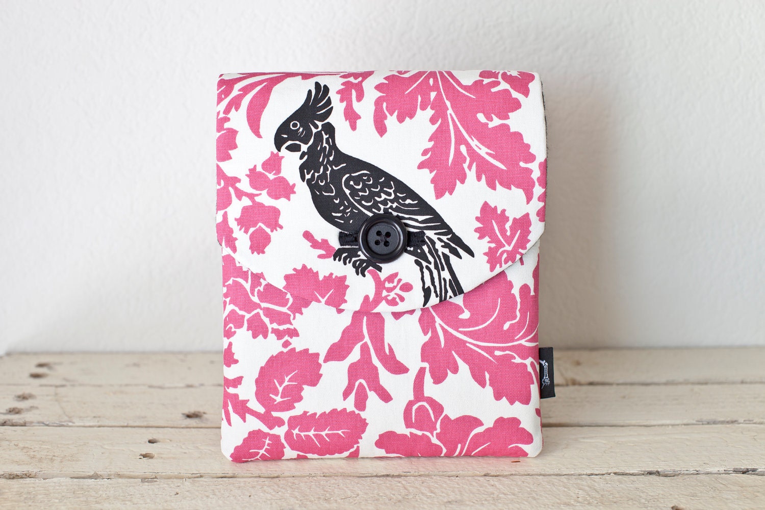 iPad Mini Case, iPad Mini Sleeve, iPad Mini Cover - Padded with Pocket - Pink Black Bird Parakeet Flowers