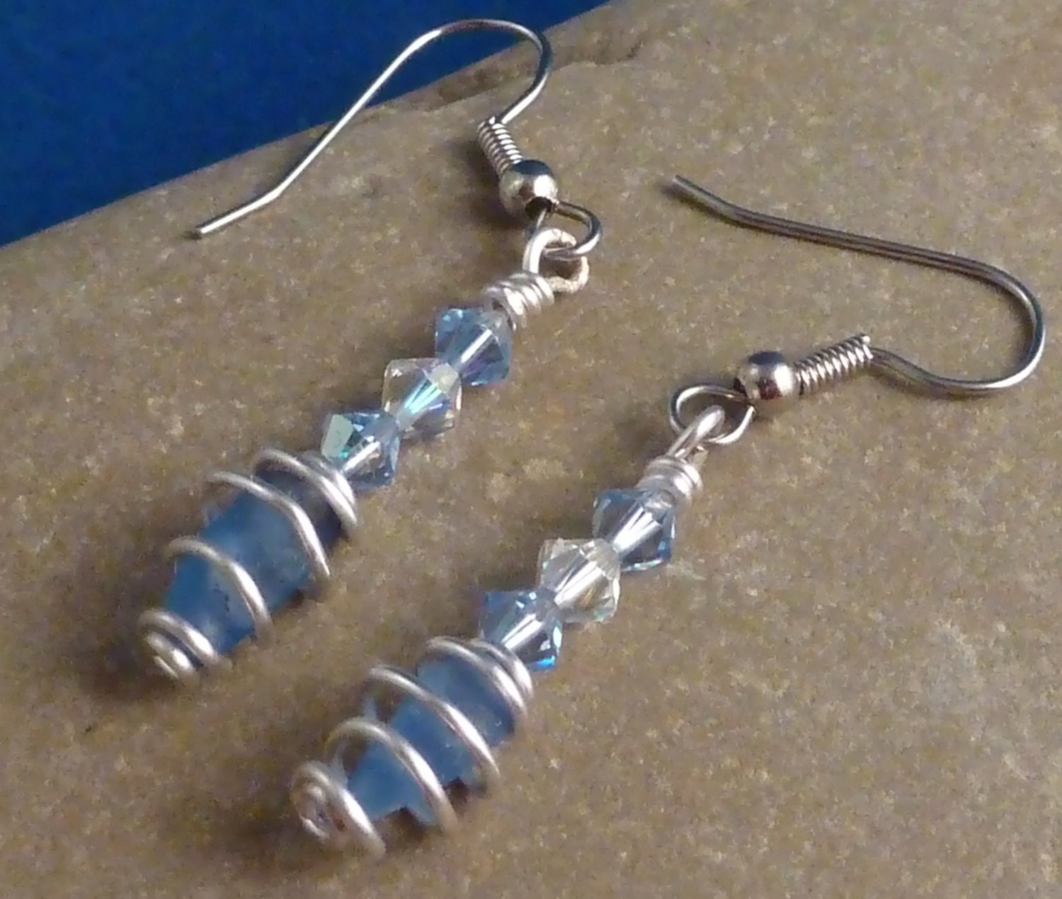 Sea glass earrings, cornflower blue beach glass, Swarovski crystal, hypoallergenic