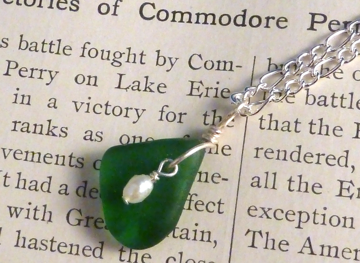 Teal sea glass necklace rare color with freshwater pearl accent, silver plate