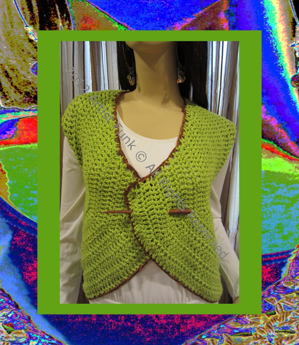 Mother's Day Gifts,Shrugs Boleros Vests , Handmade Shrugs And Boleros , Vest , Hot Green With Brown Trim In Funky & Colorful 100% Cotton