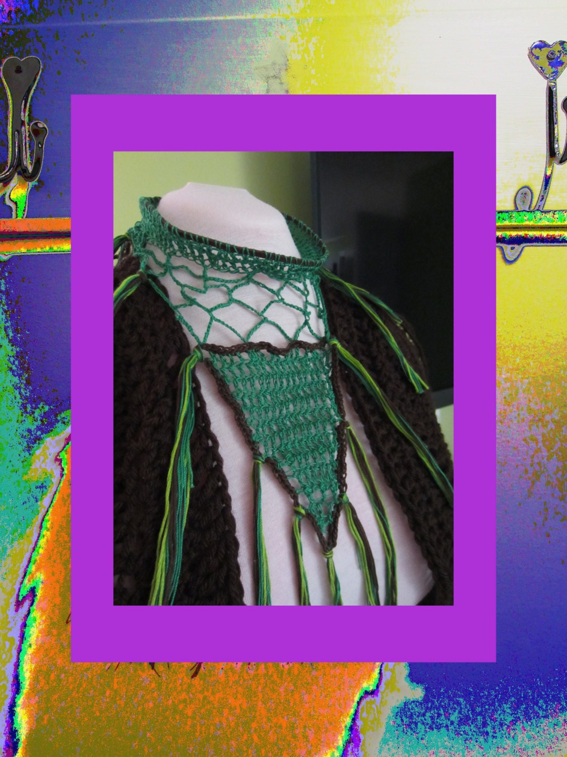 Funky Handmade Scarves-Colorful Green Bandana Style Fringed - With Brown And Green Trim And Lobster Claw Closure - 100% Cotton