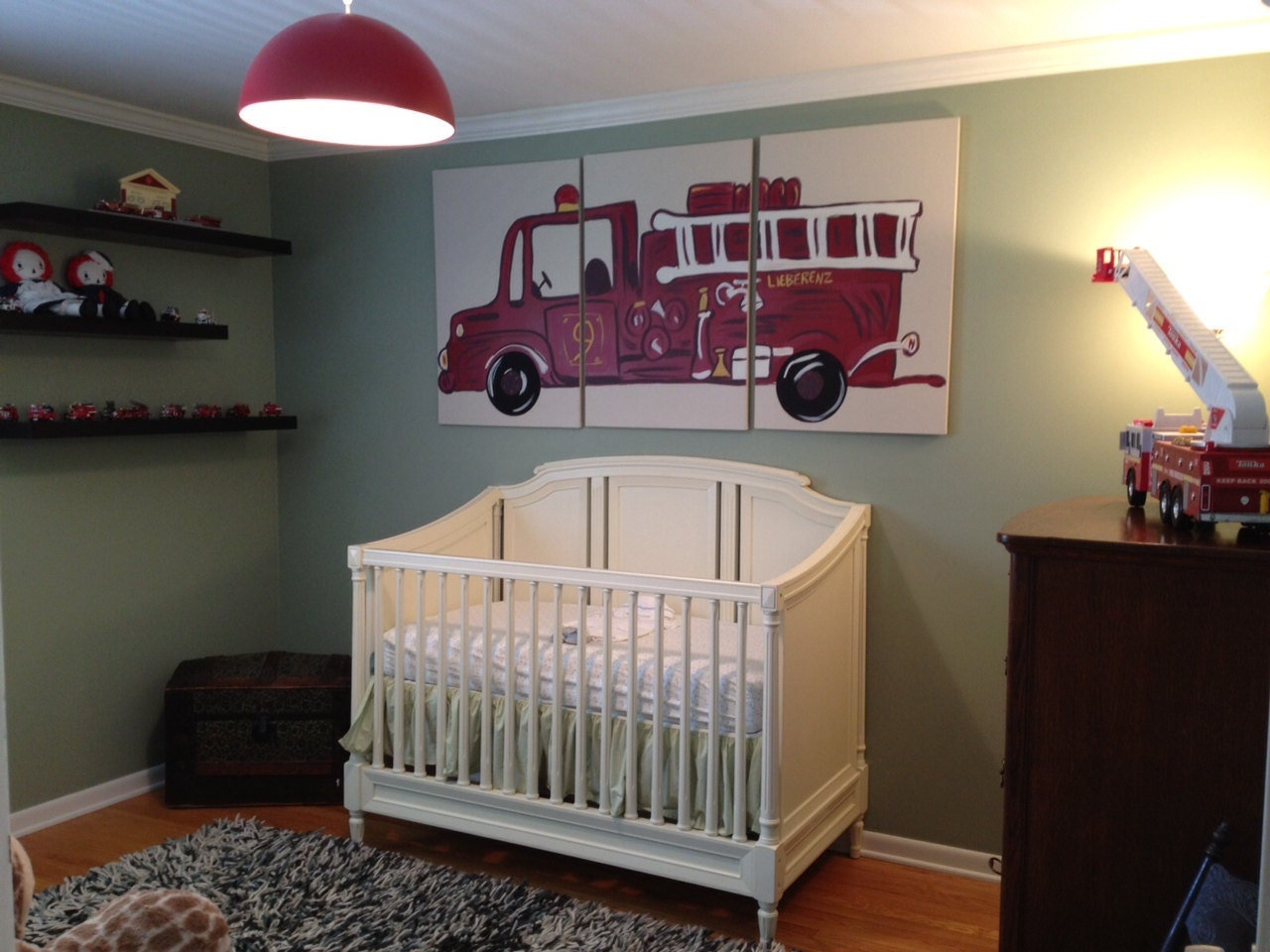 Triptych fire truck painting on three, 24x36 canvases Pottery Barn Kids inspired 