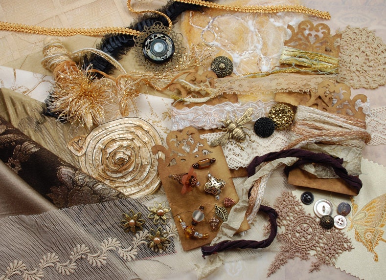 Inspiration Kit. Neapolitan Collection. Tiramisu - Textile/Embellishment Collection. Gold, black and Taupe No. 74b