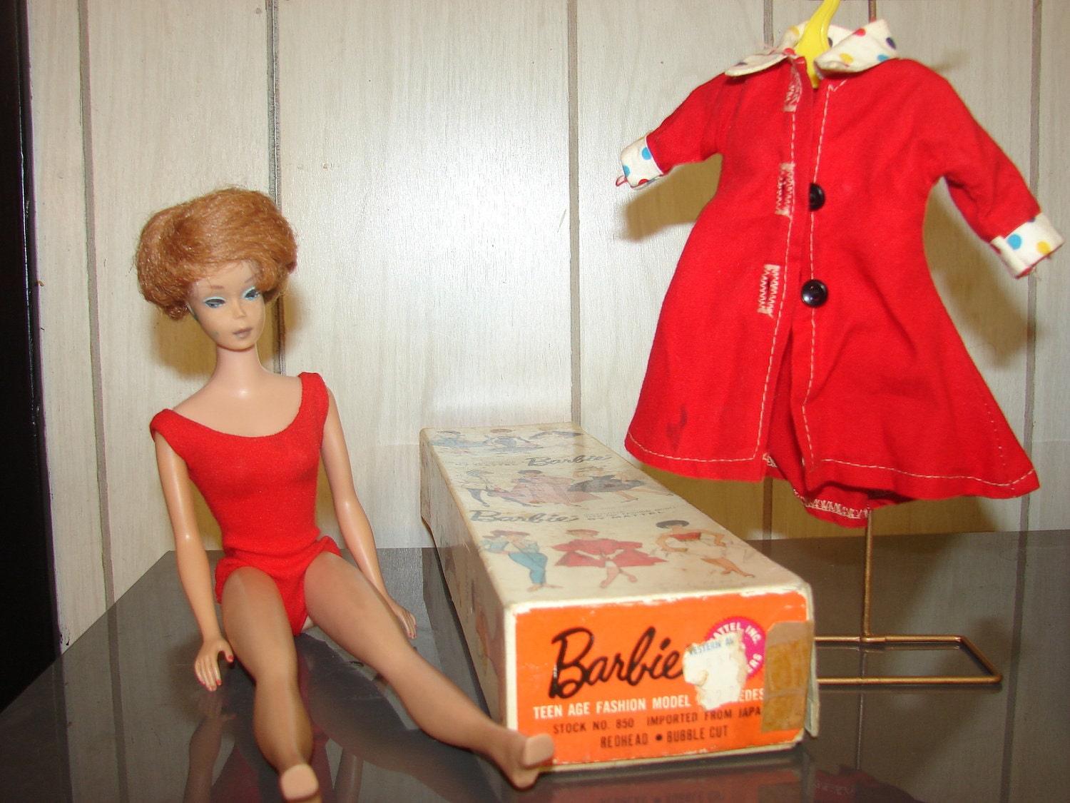 1960s Bubble Cut Barbie in Red Bathing Suit with Original Box stock 850