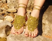 Crochet Khaki Barefoot Sandals,Henna Nude shoes, Olive Foot jewelry, Wedding, Victorian Lace, Sexy, Lolita, Yoga, Steampunk, Beach Pool