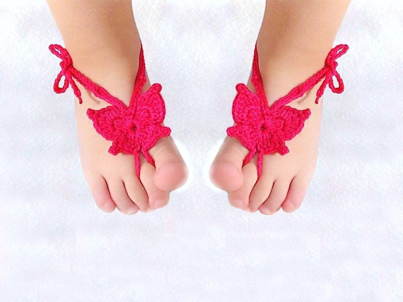 Baby Butterfly Barefoot sandals, Baby shoes, Hot Pink, Fuchsia, Magenta - Lasunka