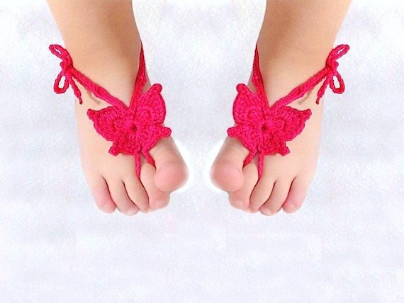 Baby Butterfly Barefoot sandals, Baby shoes, Hot Pink, Fuchsia, Magenta