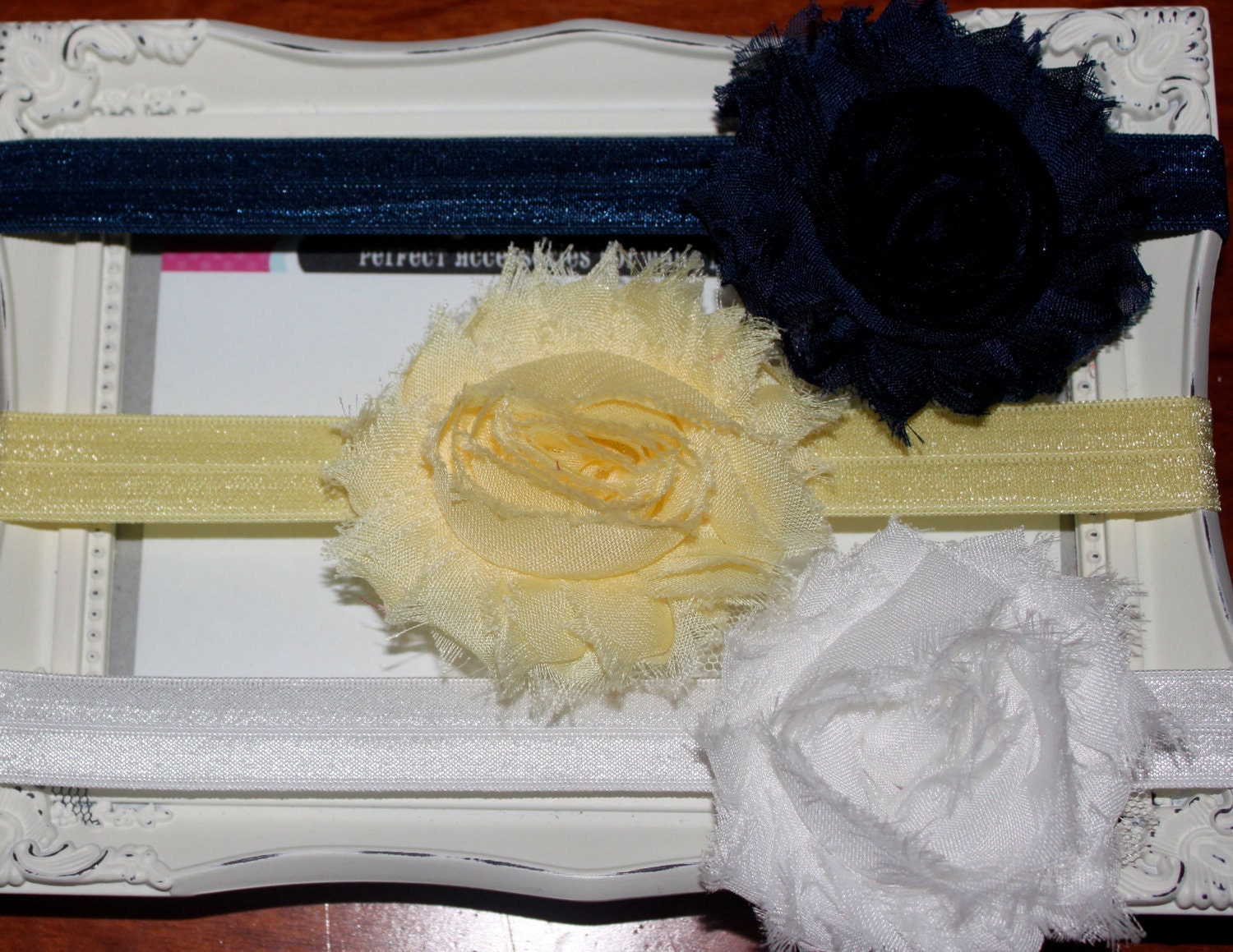 NEW PRICE Boutique Baby Girls Set of 3 Shabby Chic Vintage Chiffon Rosette Flower on a Elastic Headband Navy Yellow White.