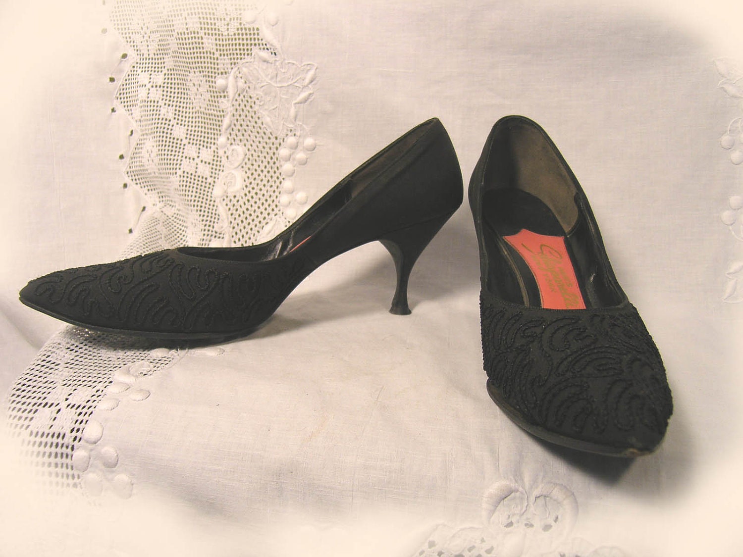 Original Rare 1950s Black Corded stiletto shoes by Elsa Schiaparelli