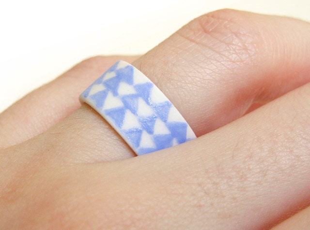 Porcelain Jewelry - Blue Triangles Wide Band Ceramic Ring