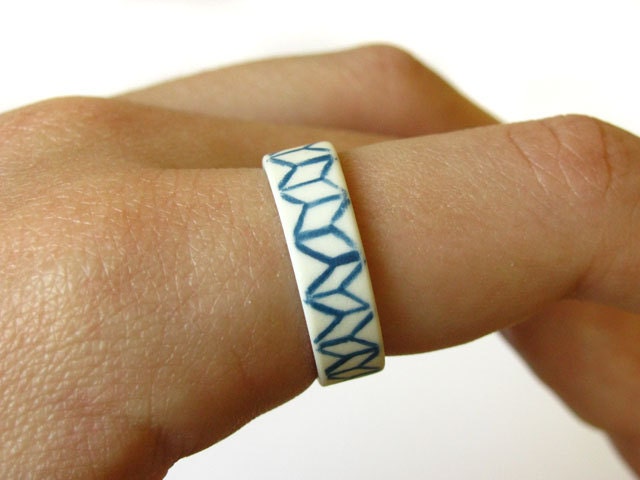 Ceramic Rings - Teal Geometric Patterned Porcelain Ring - Ring Size 9 - Size R 1/2