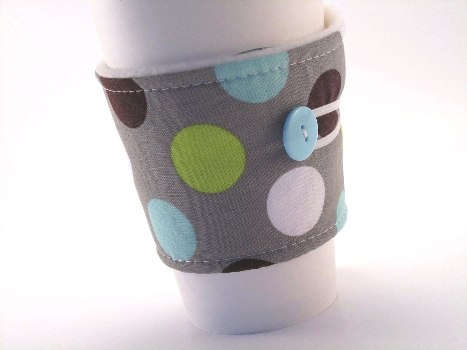 Reusable Coffee Sleeve Grey Green Aqua Blue Polka Dot Fabric