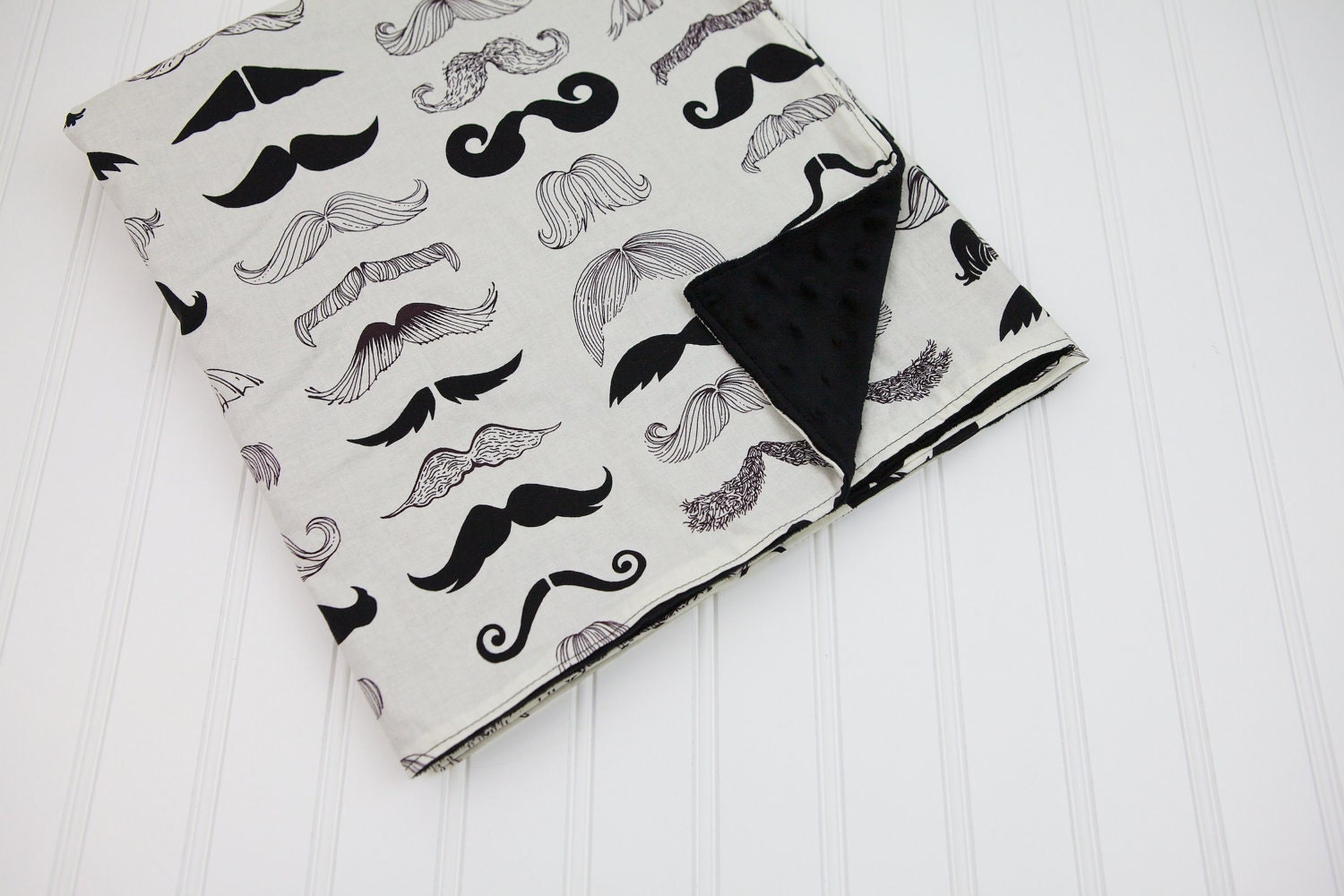 Mustache Baby Blanket Where's My Stache with Black Minky, Moustache