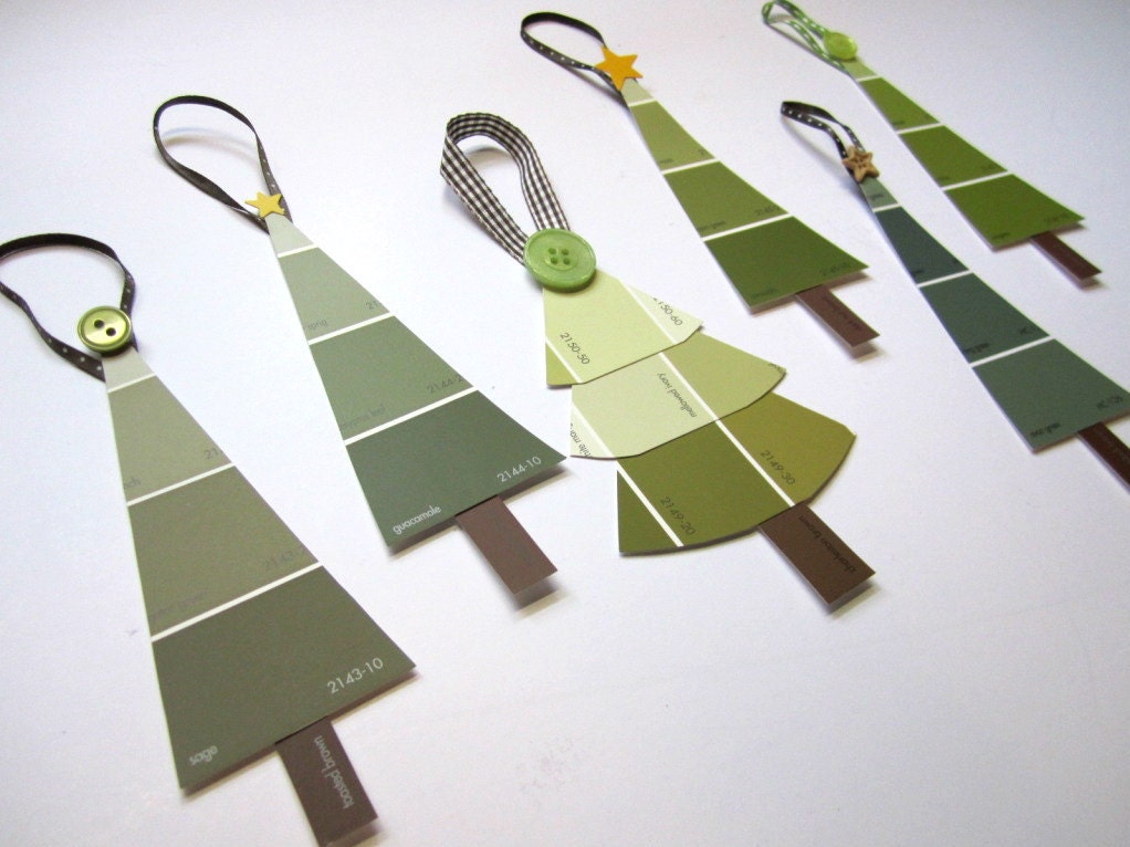Christmas Tree Ornaments in Earth Green Tones, Upcycled Paint Chip, Set of 6
