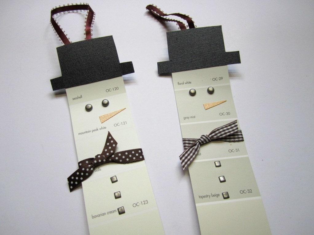 Snowman Christmas Tree Ornaments, Gift Tag, Upcycled Paint Chips, Set of 4