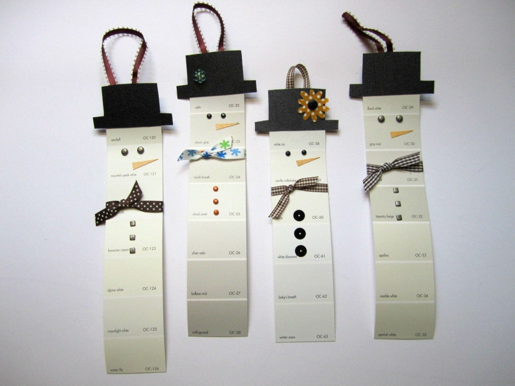 Snowman Christmas Tree Ornaments, Gift Tag, Upcycled Paint Chips, Set of 4