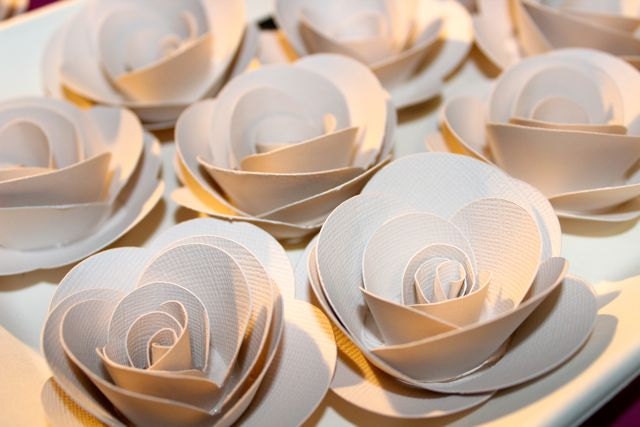 Champagne colored rounded petal style paper 3 inch flowers for weddings or embellishments - set of 100