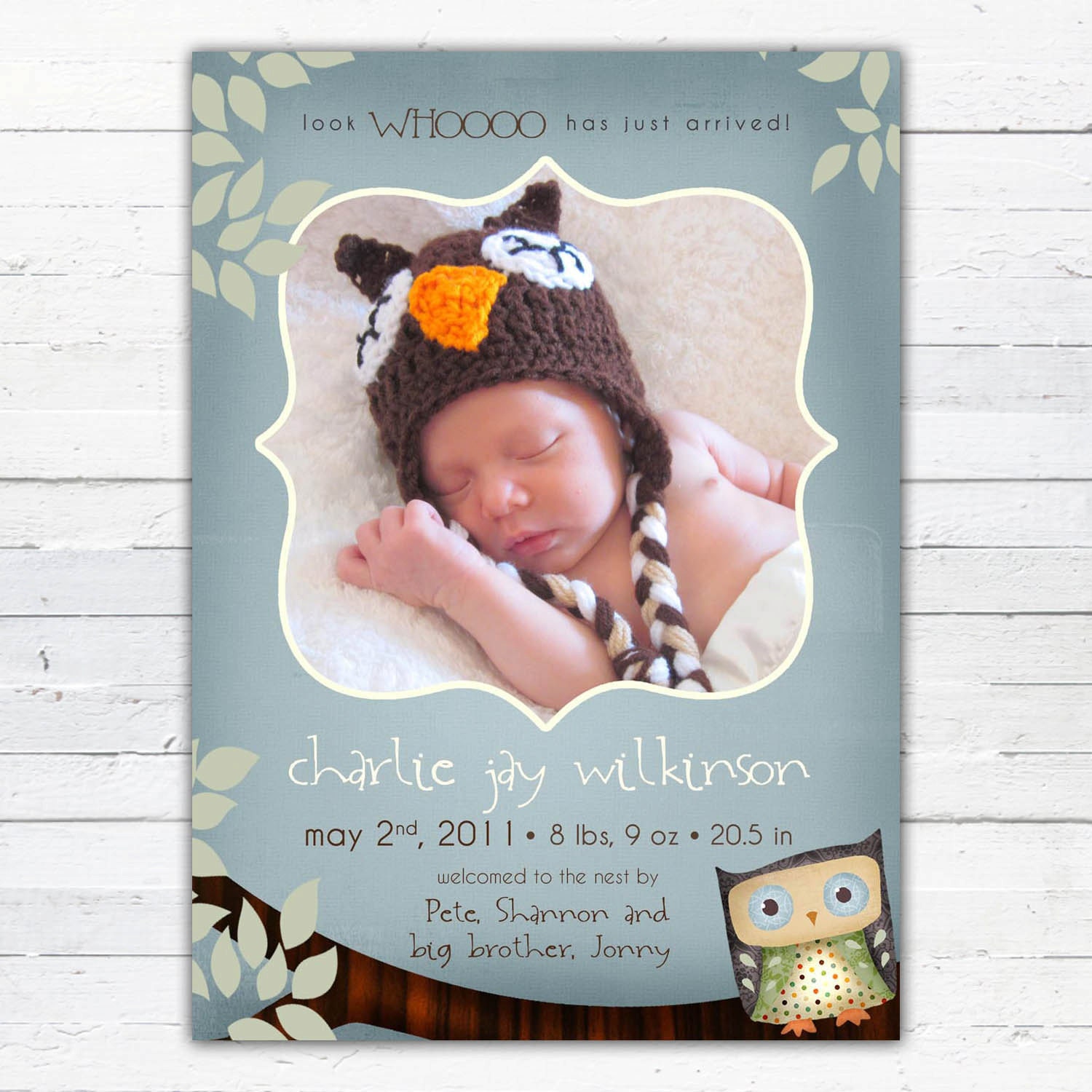 Birth Announcement Photo Card for Baby Boy--Look Whooo Has Just Arrived Il_170x135