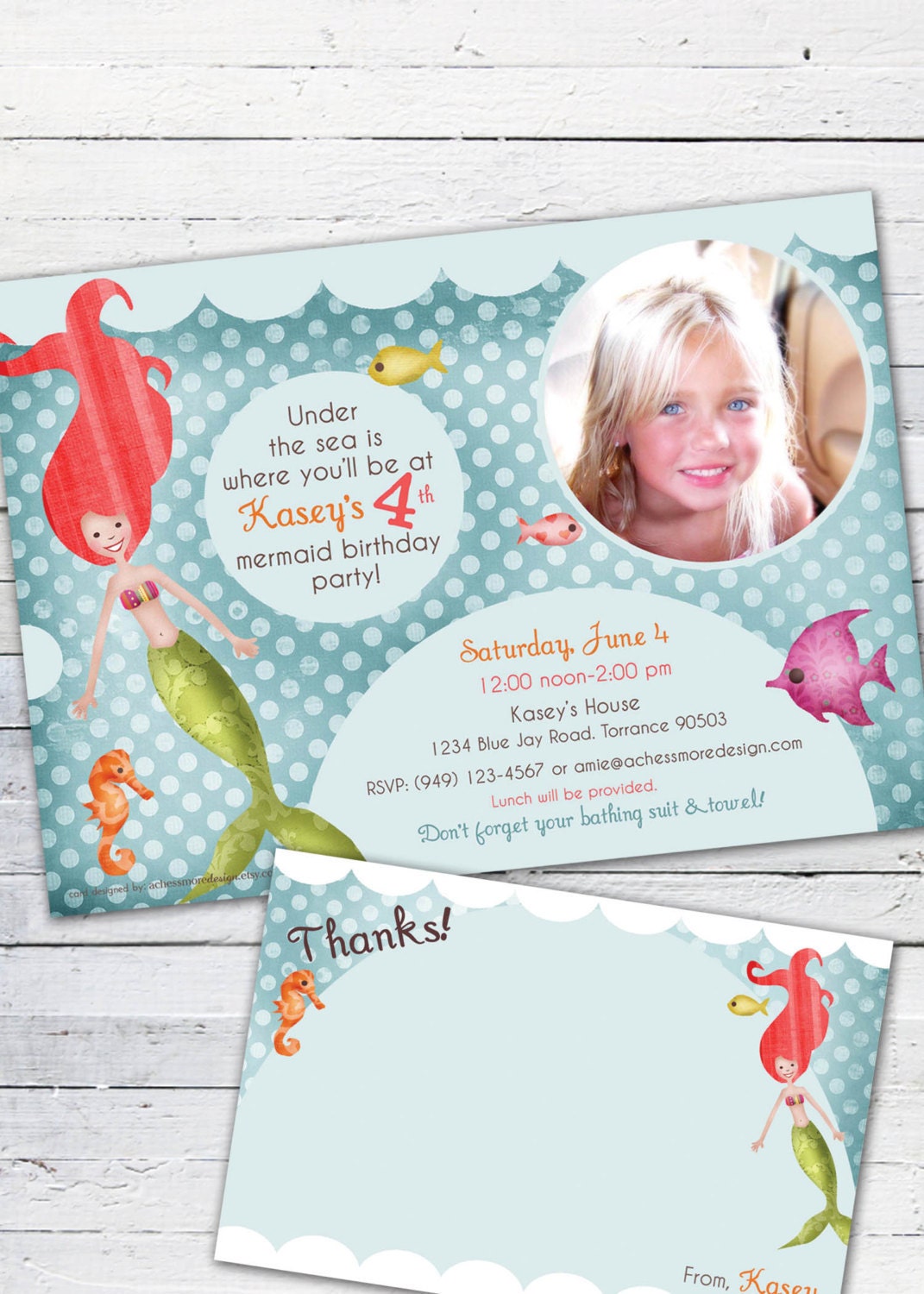 Mermaid Birthday Invitation Photo Card and Matching Thank you Note