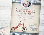 Retro Red Tricycle Birthday Invitation-- Custom Photo Card and Matching Thank You Note Il_170x135