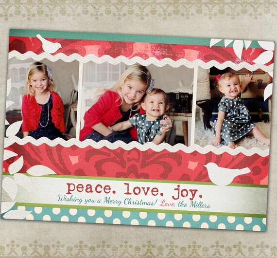 Holiday Photo Card-- Red and Teal Shabby Chic Christmas- Horizontal Il_570xn