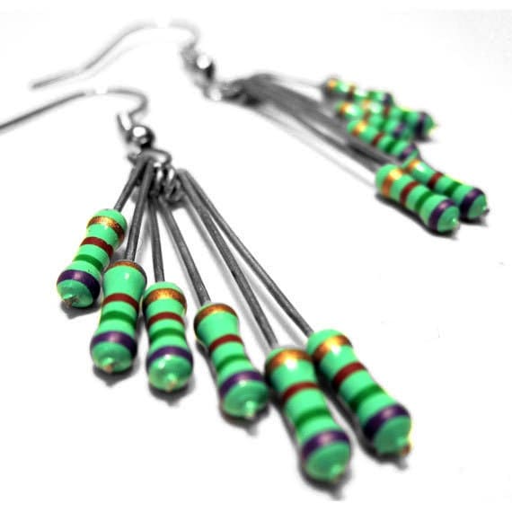 Resistor Dangle Earrings Spring Green Purple by clonehardware