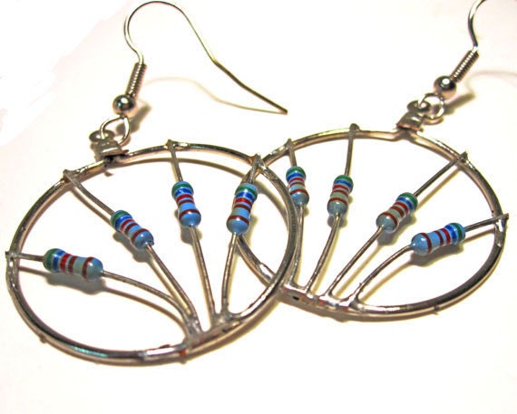 Computer Parts Hoop Earrings Blue Resistors Fan Computer Jewelry