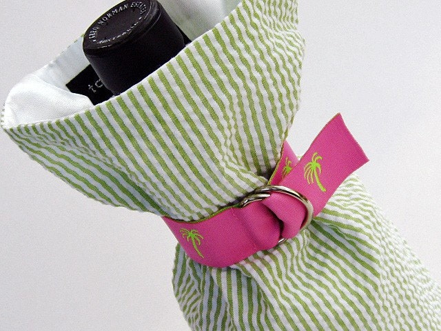 Wine Bag Preppy Pink Green Palm Trees Seersucker Bridesmaid Bottle Tote