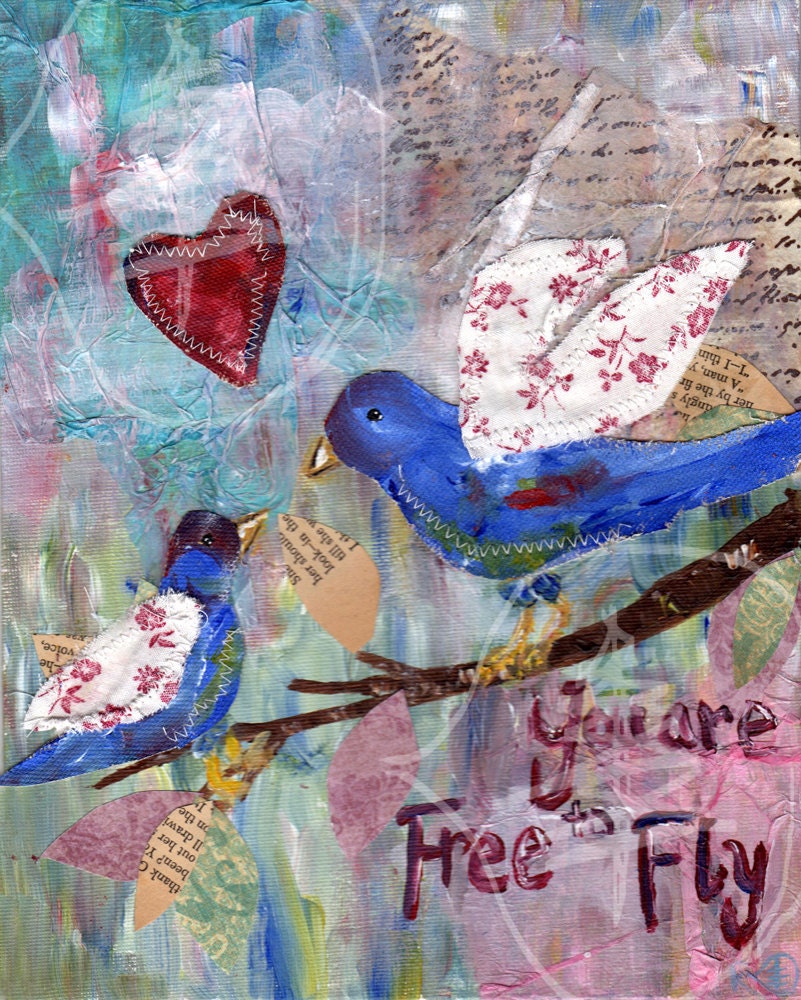 Bird Painting  - Blue Birds - Mixed Media - 5x7 Print - Happy Art - Quote