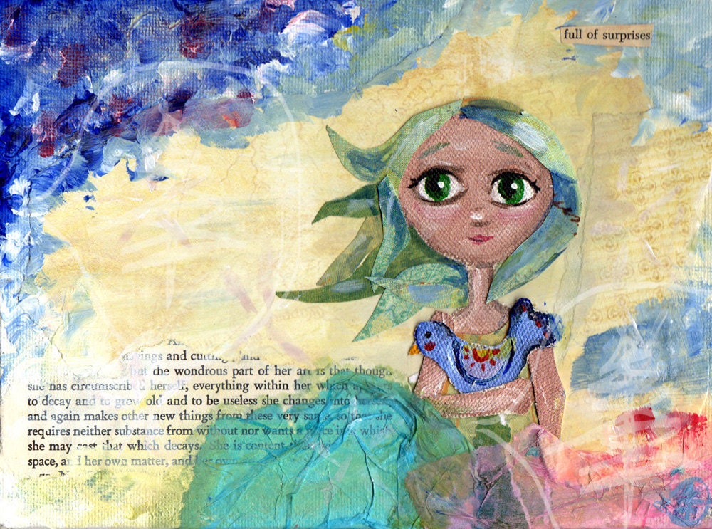 Girl Painting - Big Eye Art - 5x7 - Mixed Media Print - Titled Full Of Surprises - Colorful Happy Art