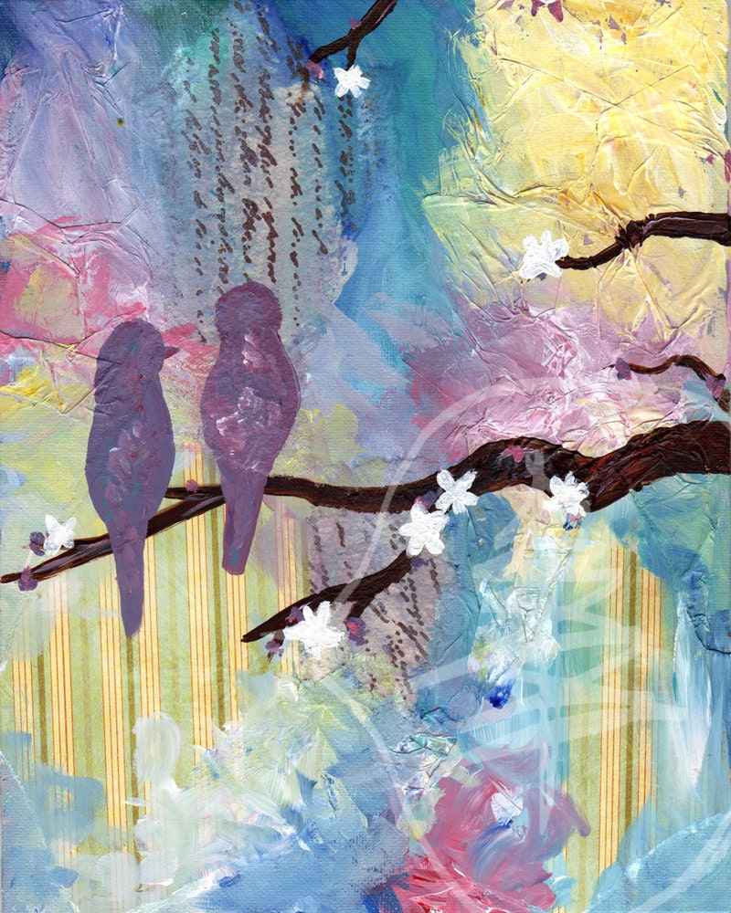 Love Birds - Bird Painting - Mixed Media - Tree Painting - 8x10 - Mixed Media Painting