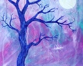 Morning Print - tree art - Sun art - moon painting - trees - pink - blue