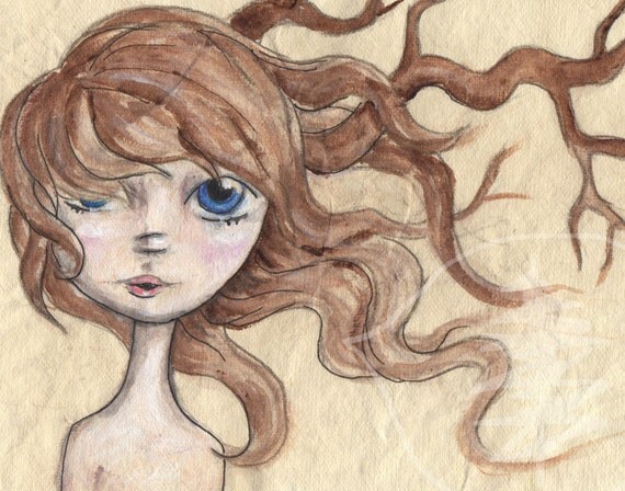 Girl Portrait -  Big Eye Ar t- Water Color - Big Eye Art - Origina l- tree - tree girl