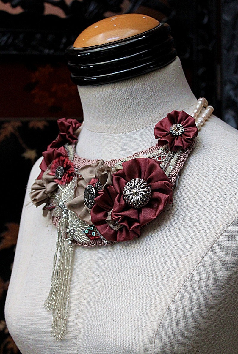 ROSAMOND Statement  Necklace Rose Silver Pearls Mixed Media