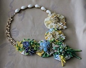 GARDEN PARTY Textile Beaded Mixed Media Bib Statement Necklace Wearable Art