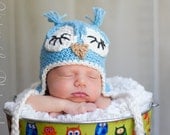 Baby Boy Sleepy Owl Earflap Hat - Newborn size ONLY - Great Photographers Prop