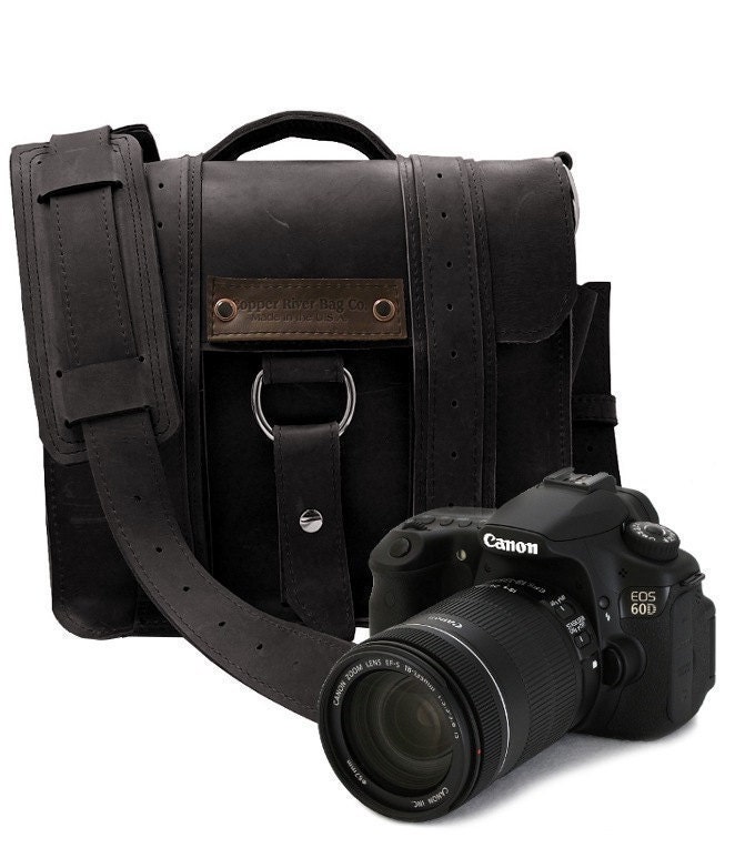 Safari Camera Bag - Black - Thick Full Grain Leather - Padded Camera Insert Divider - Padded Bottom - Made in the U.S.A. - Water Resistant