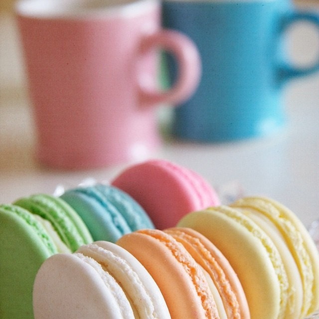 Afternoon Tea and Macaron - 8x8 Fine Art Photography.  Pastel easter colored macaron cookies for interior design or kitchen.  Pastel tea cu