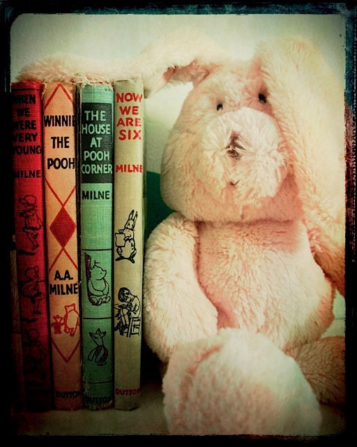 Winnie the Pooh photo, vintage, bunny rabbit, nursery decor, wall art, children's art,  8x10, vintage books