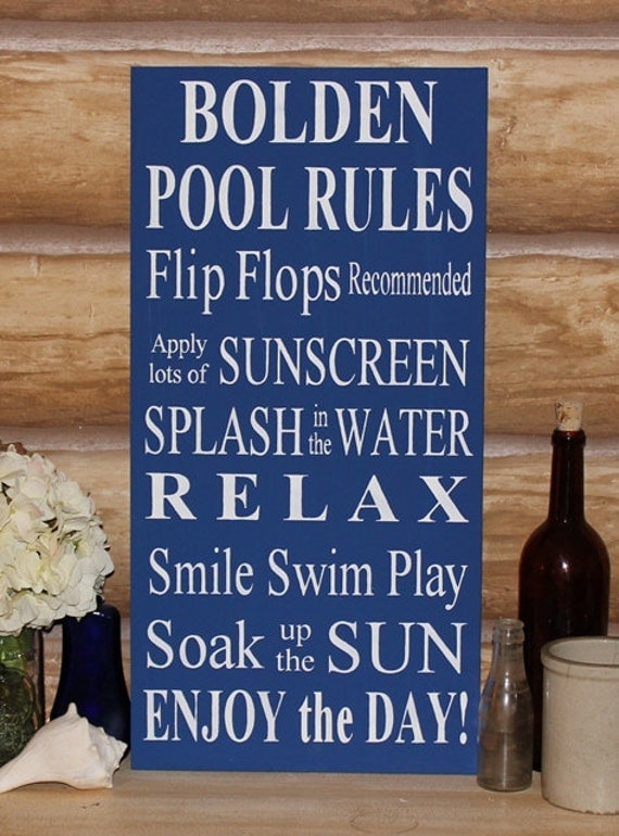 Custom Personalized Family Name Typography Pool Rules -Wood Sign- Outdoor Decor