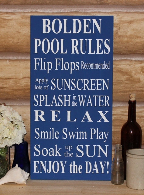 Custom Personalized Family Name Typography Pool Rules -Wood Sign- Outdoor Decor