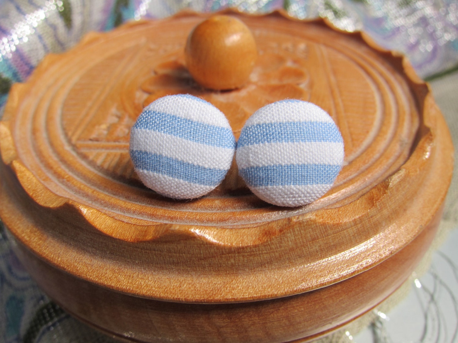 Light Blue Nautical Stripes Button Earrings
