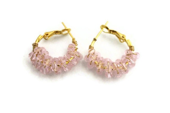 Light pastel pink crystal hoop earrings for bridesmaids