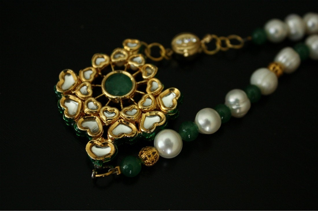 Gift for mom Kundan pendant Pearl necklace green aventurine ethnic indian necklace set