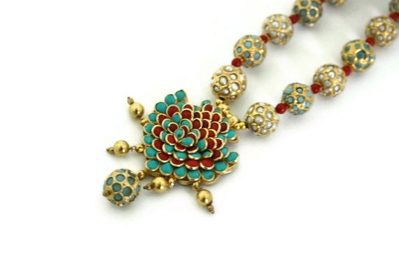 Handmade Gold necklace indian wedding jewelry turquoise coral beads