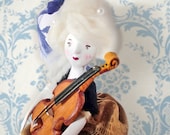 Art Doll - Pauline The Cello Player - Original Handmade Paper Clay Doll - One Of A Kind