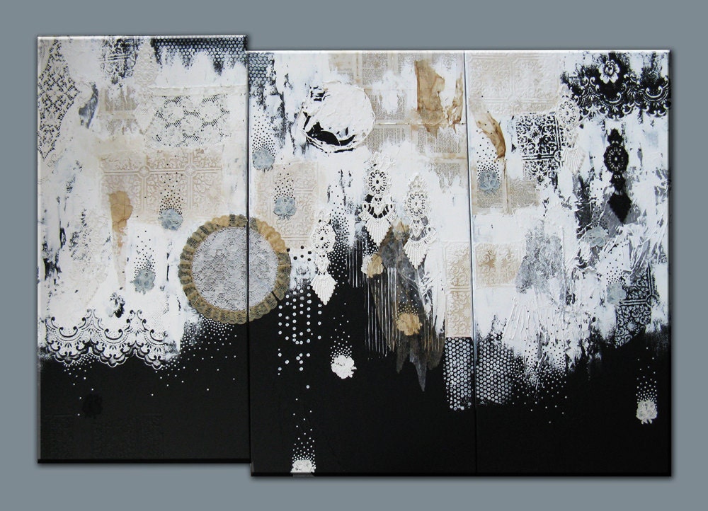 extra large abstract painting. triptych. textured mixed media original. the perfect storm.