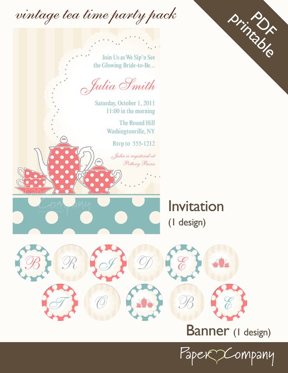 VINTAGE TEA TIME Bridal Shower Baby Shower Party Pack Printable, diy Il_570xn