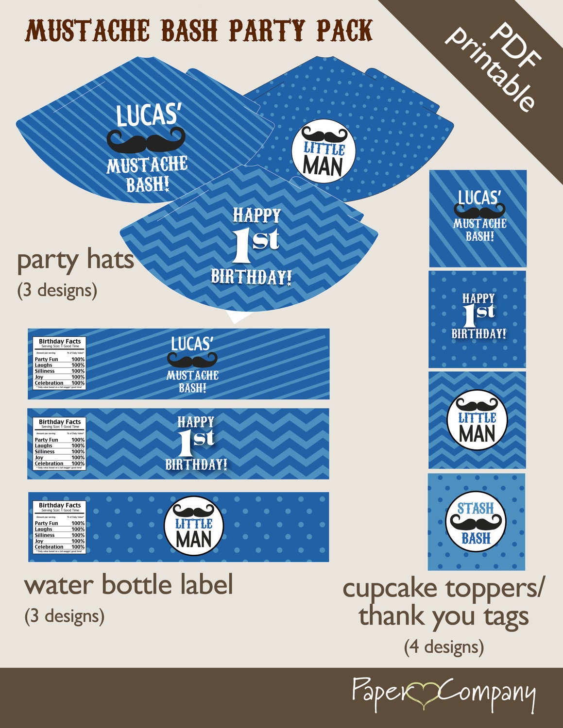 MUSTACHE BASH Little Man 1st Birthday Boy Party Package Event Printable diy Customizable
