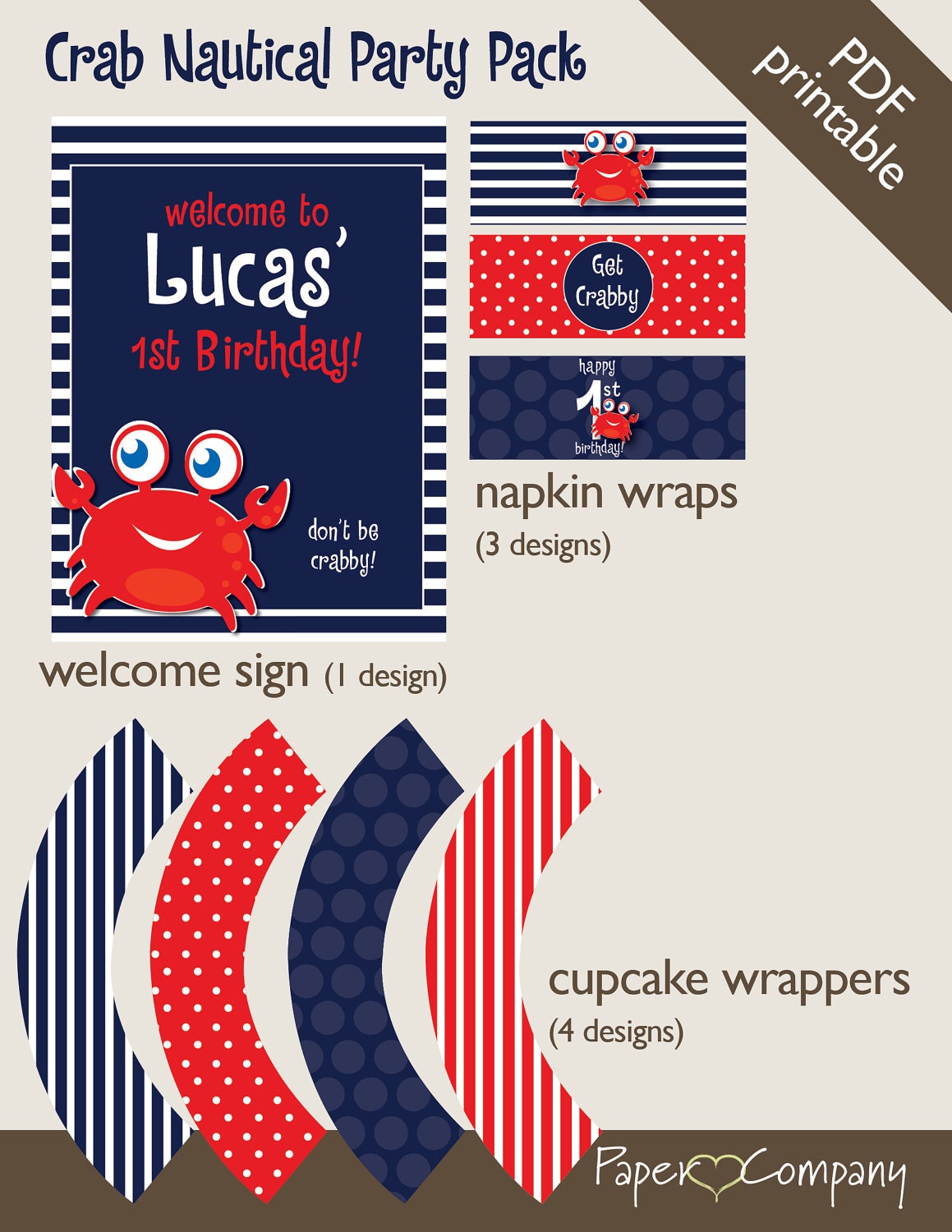 CRAB Nautical First Birthday Birthday Party Package, diy, printable